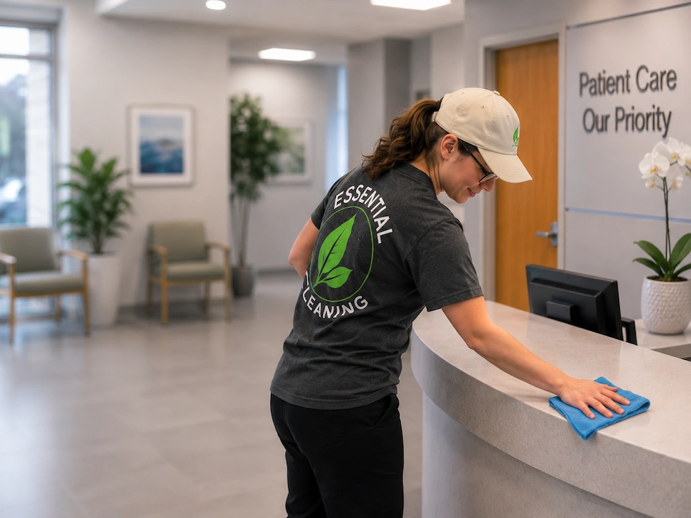 Medium shot of Essential Green Cleaning employee wiping the countertop of local medical office facility in Adrian mi
